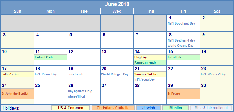 June 2018 Calendar With Us Holidays