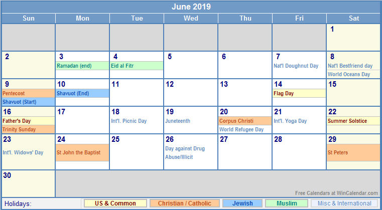 June 2019 Calendar With Holidays Template