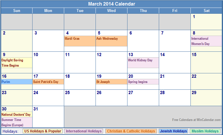 March 2014 Calendar Printable With Holidays Images And Pictures Becuo