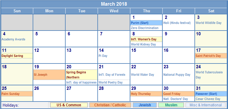 March 2018 Holidays Calendar