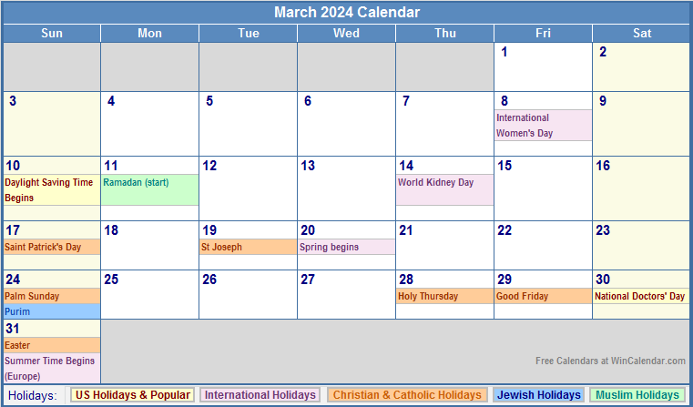 March 2024 Calendar with Holidays - as Picture