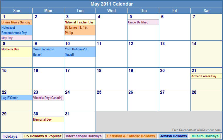 May 2011 Calendar with Holidays