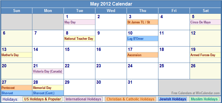 May 2012 Calendar with Holidays