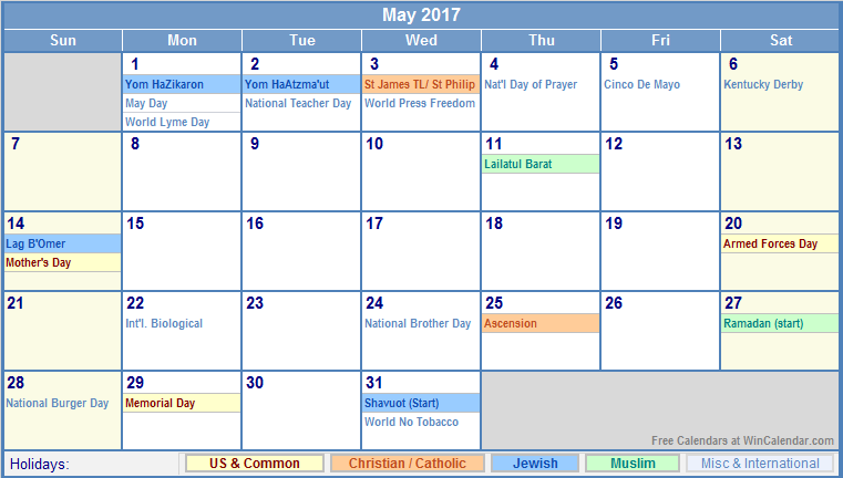 May 2017 Calendar Holidays