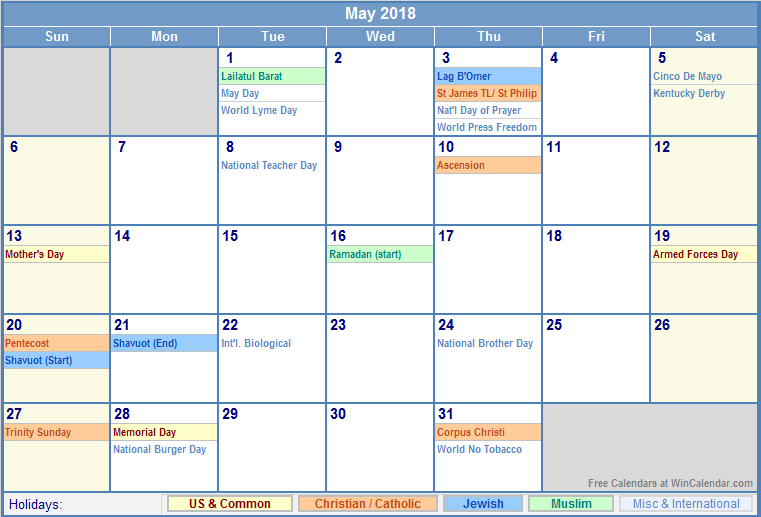 May 2018 Calendar With Holidays Printable