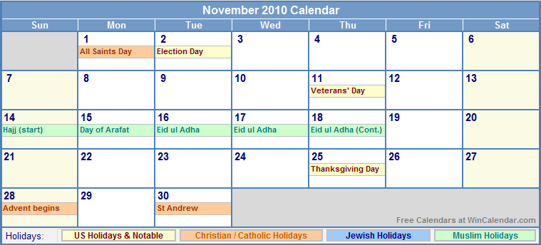 calendar 2010 with holidays. November 2010 Calendar with