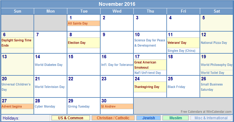 November 2016 Calendar With Holidays As Picture