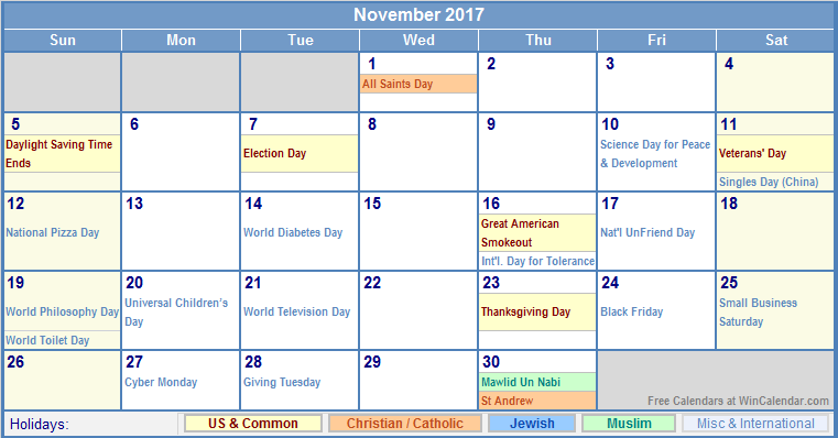 November 2017 Calendar With Holidays Printable