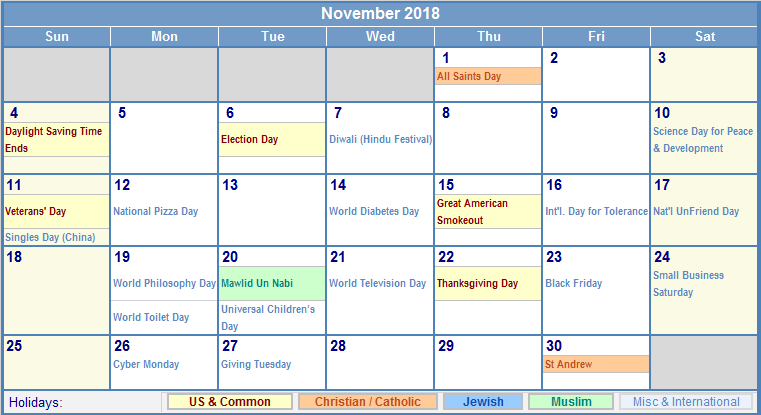 Cute Calendar November 2018
