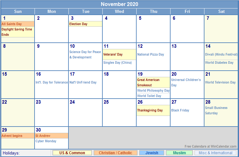 November 2020 Calendar with Holidays - as Picture