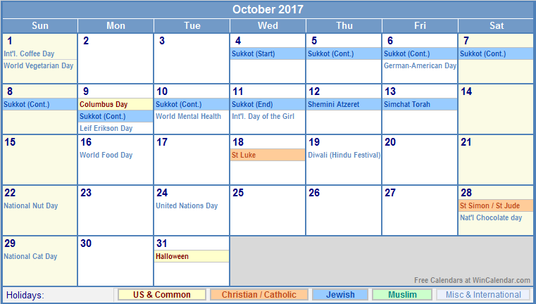 October 2017 Calendar With Holidays As Picture