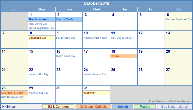 October 2018 Calendar With Festivals