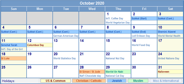 October 2020 Calendar with Holidays - as Picture