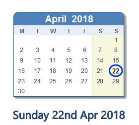 April 22, 2018 calendar