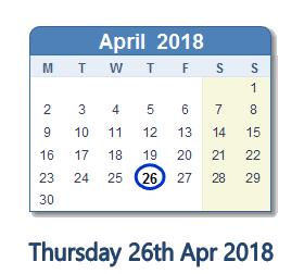 April 26, 2018 calendar