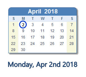 April 2, 2018 calendar