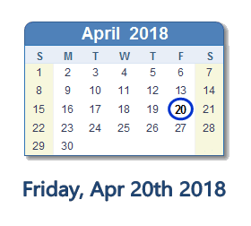 April 20, 2018 calendar