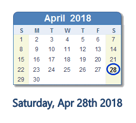 April 28, 2018 calendar
