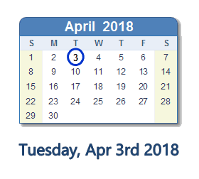 April 3, 2018 calendar