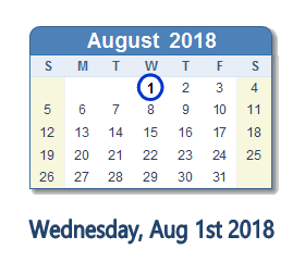 August 1, 2018 calendar