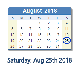 August 25, 2018 calendar