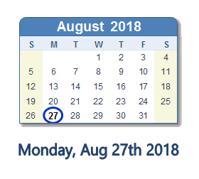 August 27, 2018 calendar