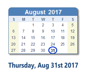 August 31, 2017 calendar