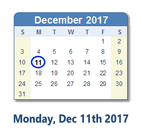 December 11, 2017 calendar