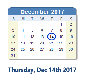 December 14, 2017 calendar