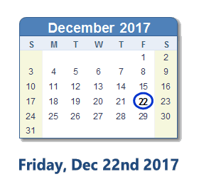 December 22, 2017 calendar