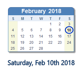 February 10, 2018 calendar