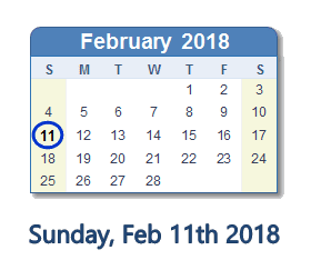 February 11, 2018 calendar