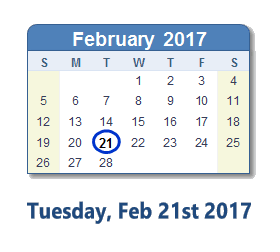 February 21, 2017 calendar
