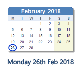 February 26, 2018 calendar