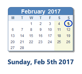 February 5, 2017 calendar