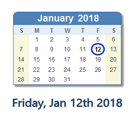 January 12, 2018 calendar