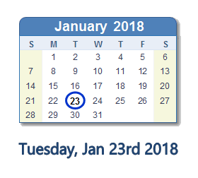 January 23, 2018 calendar