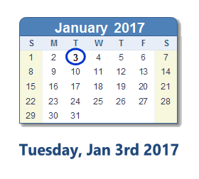 January 3, 2017 calendar