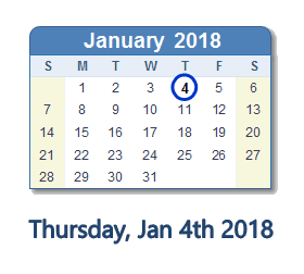 January 4, 2018 calendar