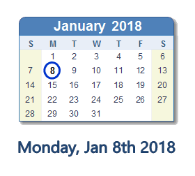 January 8, 2018 calendar