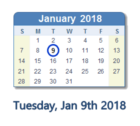January 9, 2018 calendar