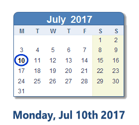 July 10, 2017 calendar