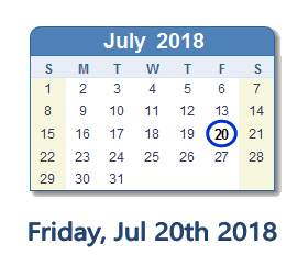July 20, 2018 calendar