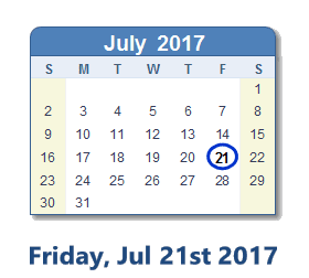 July 21, 2017 calendar