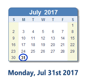 July 31, 2017 calendar