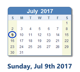 July 9, 2017 calendar