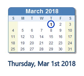 March 1, 2018 calendar