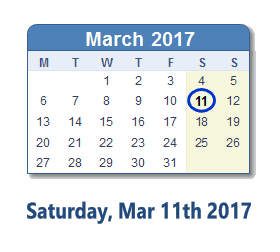 March 11, 2017 calendar