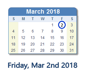 March 2, 2018 calendar