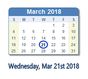 March 21, 2018 calendar